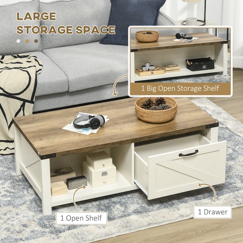 Farmhouse Coffee Table with Storage and Drawer,Rustic Coffee Table