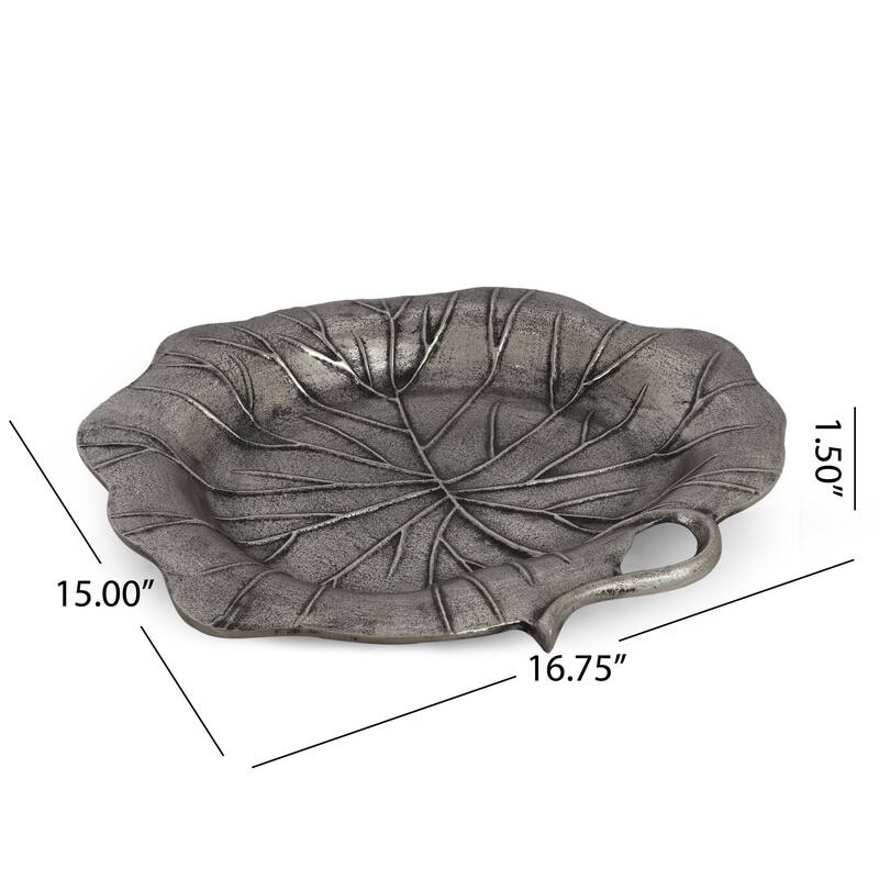 Haily Decorative Tray Platter, Flower Shaped Vein Details, Nickel Tone