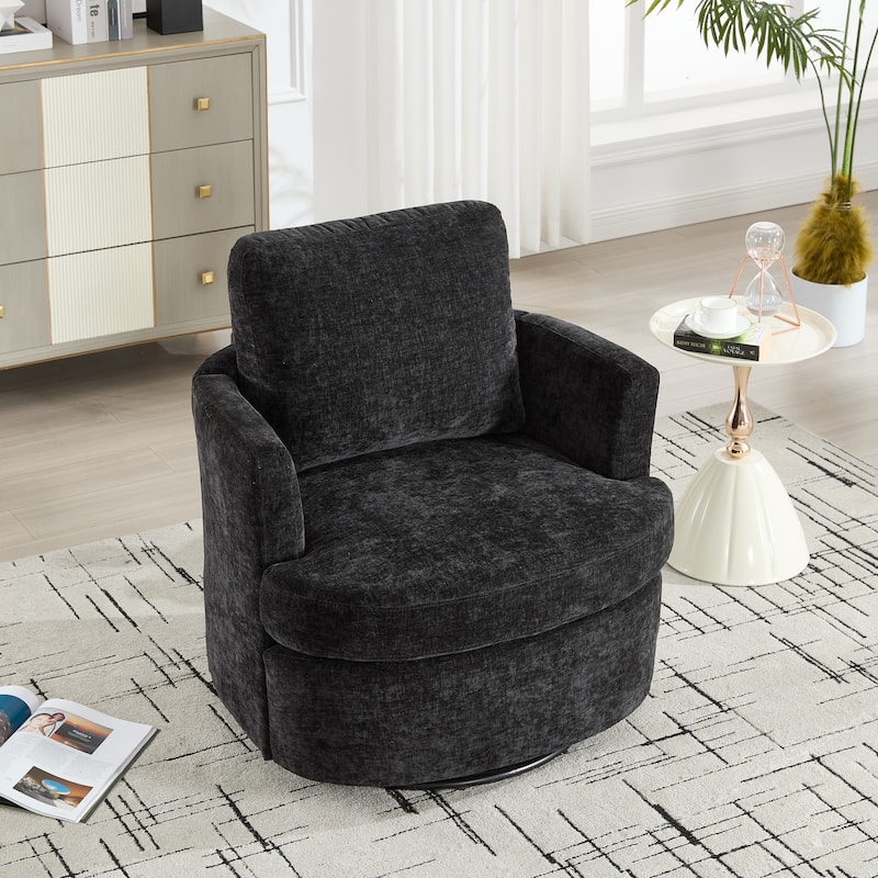 Black Swivel Chair with 360 Degree Rotation Wood and Metal Office Chair Chenille Fabric Seat Ergonomic Desk Chair