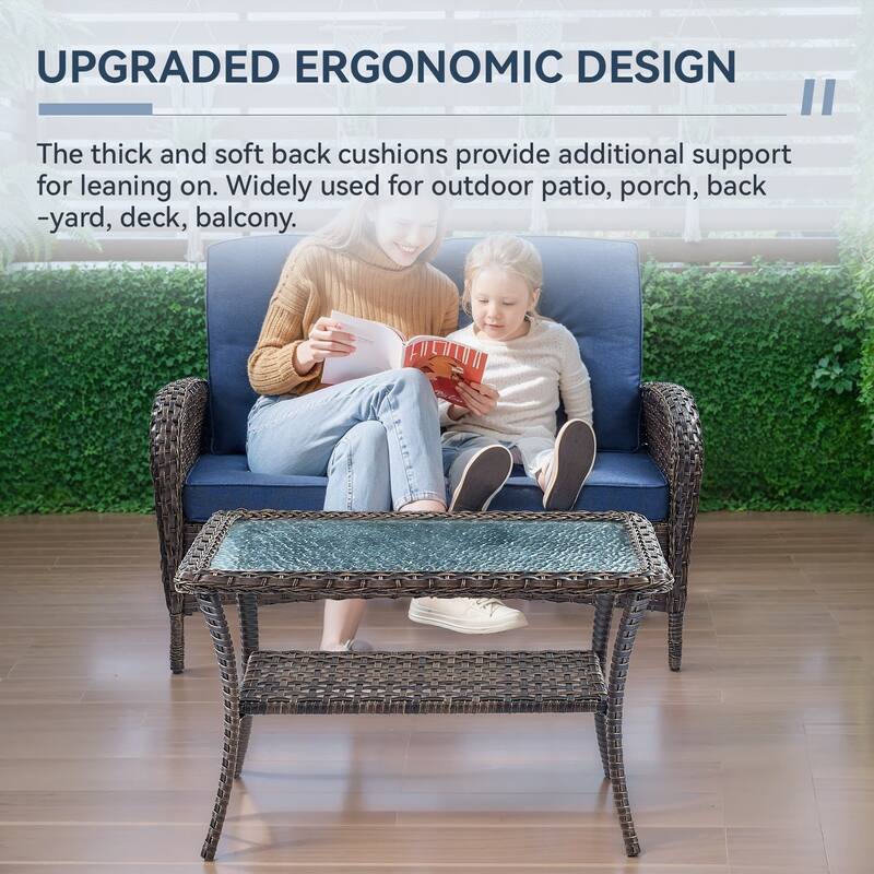 Gymojoy Outdoor Wicker Loveseat with Coffee Table and Outdoor Cushions