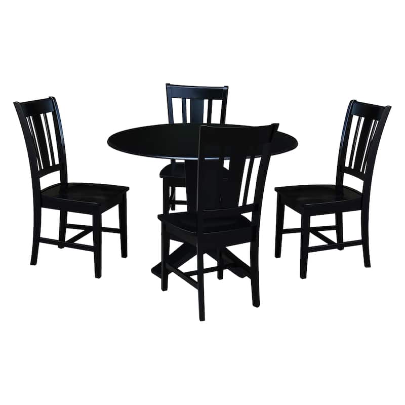 42 in Solid Wood Round Drop Leaf Pedestal Table with Dining Chairs in Black - 5-Piece