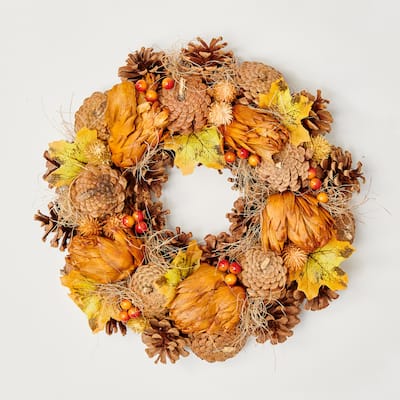 13" Fall Leaves Artichokes Pine Cone & Berries Wreath