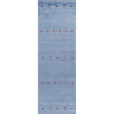 Blue Gabbeh Indian Runner Rug Handmade Wool Carpet - 2'6" x 9'10"