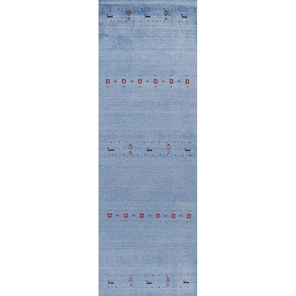 Hand Knotted Oriental 100% Wool Carpet Tribal Animal Pictorial Navy Blue & Blues Gabbeh Runner Rug - 9' 10'' X 2' 6''