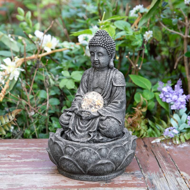Glitzhome 12"H Zen-Style Polyresin Table Fountain with Pump and LED Light