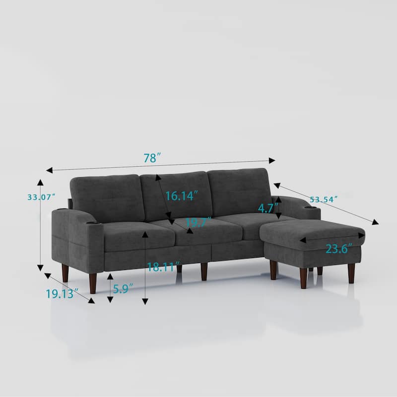 Grey 78.74'' Versatile L-Shaped 3-Seater Sofa with Storage and Footstool, Built-in USB Ports, and Cup Holders