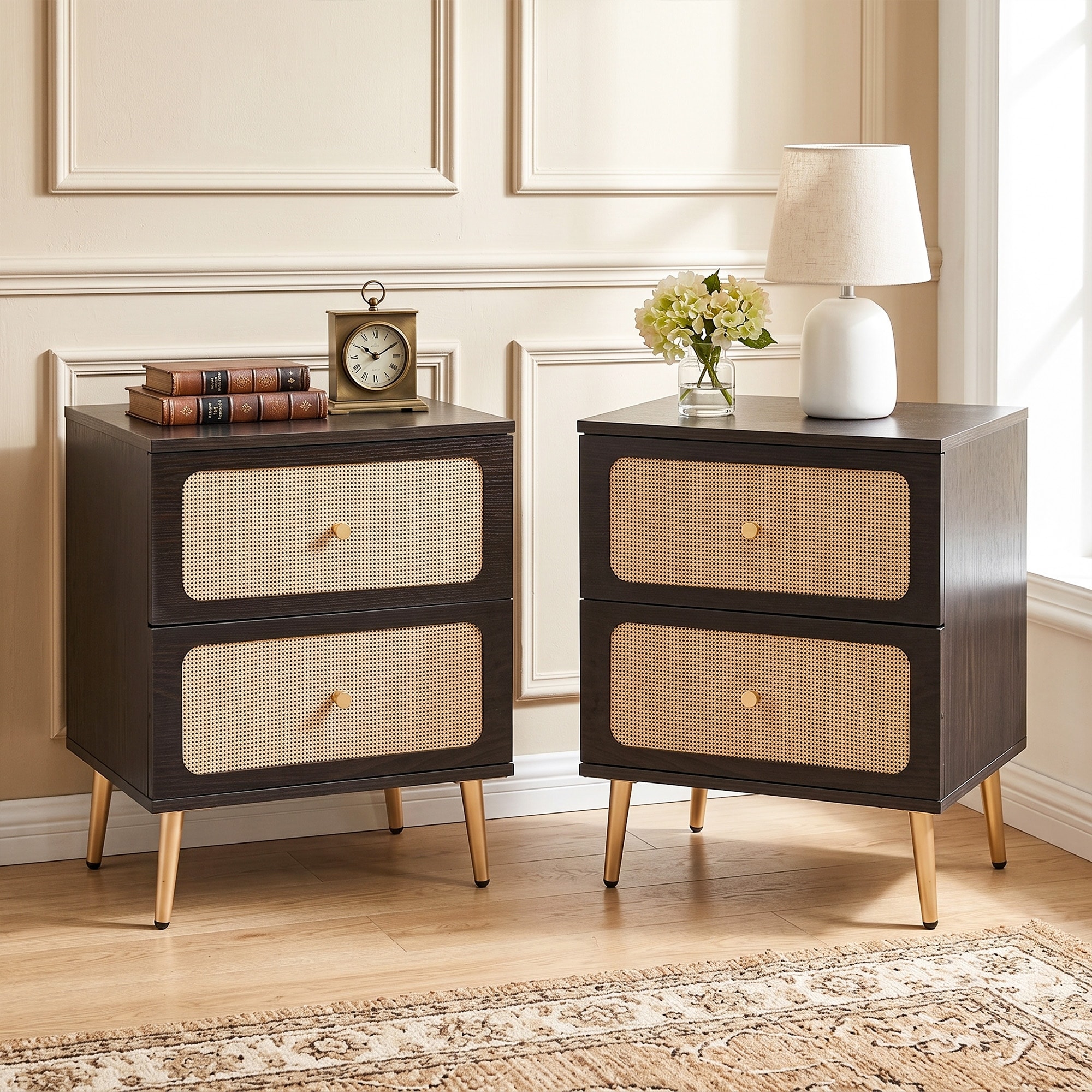 2-Piece Solid Wood Nightstand Set With Rattan Drawers, Bedside Tables