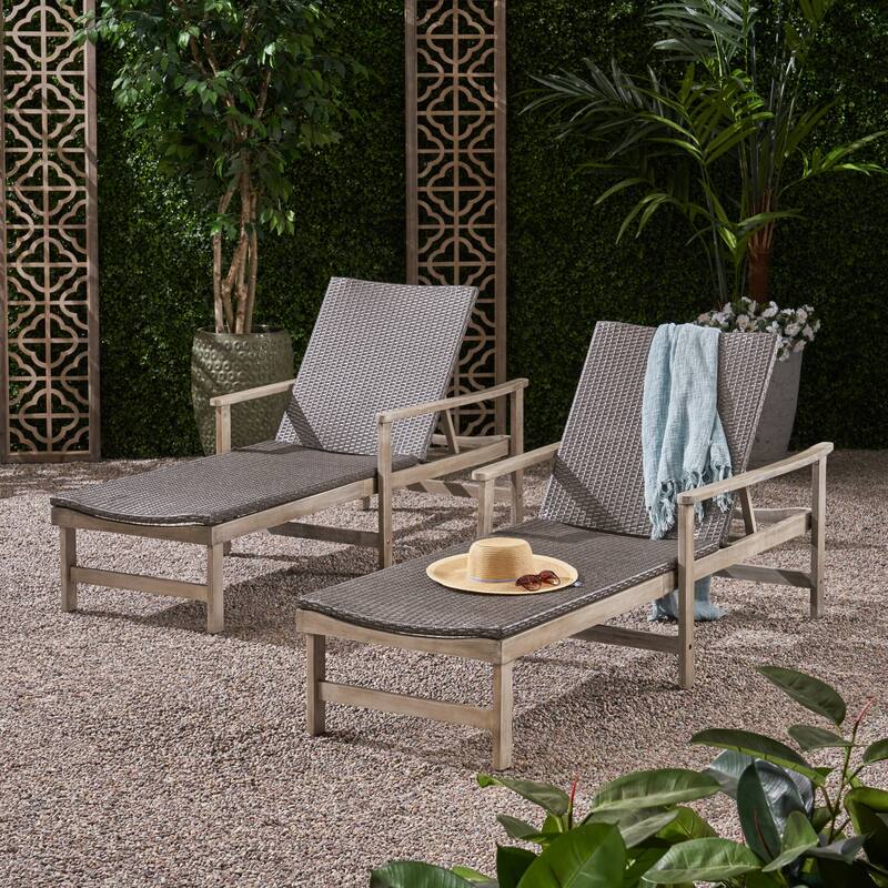 Hampton Outdoor Rustic Acacia Wood Chaise Lounge with Wicker Seating (Set of 2) by Christopher Knight Home - Mixed Black, Light Gray Wash Finish
