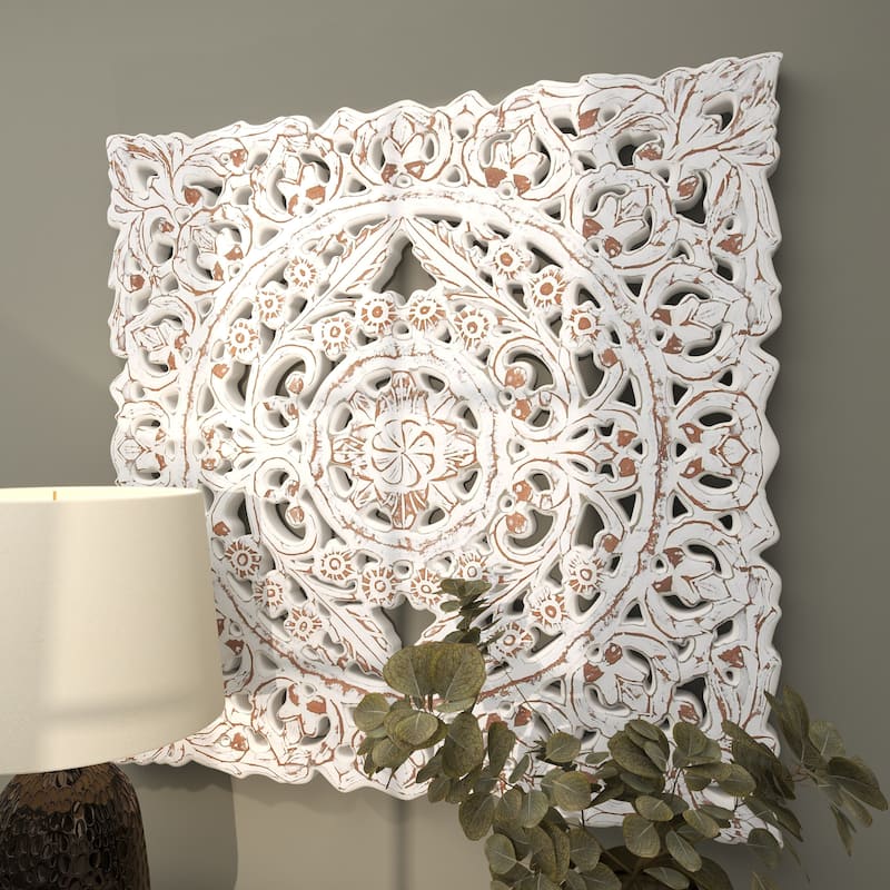 White Wooden Handmade Intricately Carved Floral Home Wall Decor with Mandala Design