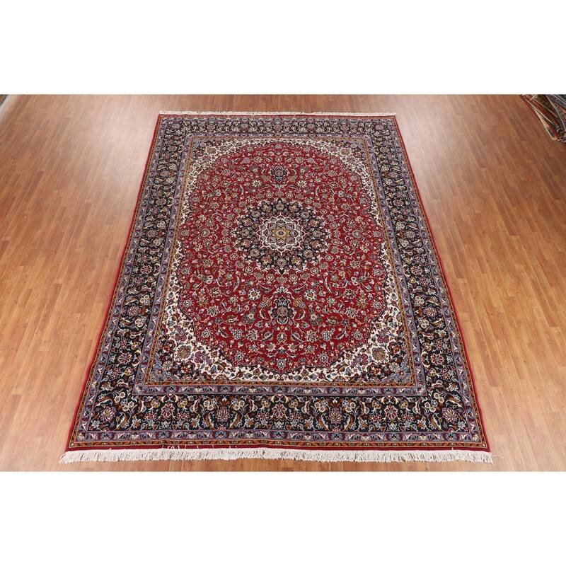 Traditional Red Kashan Turkish Area Rug Floral Machine-Made Carpet - 9'8" x 12'9"