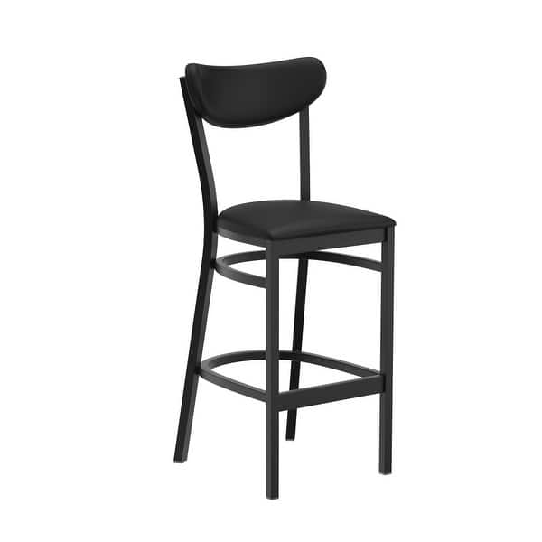 slide 2 of 11, Commercial Metal Barstool with Wood Seat and Boomerang Back Black Vinyl Back/Black Vinyl Seat