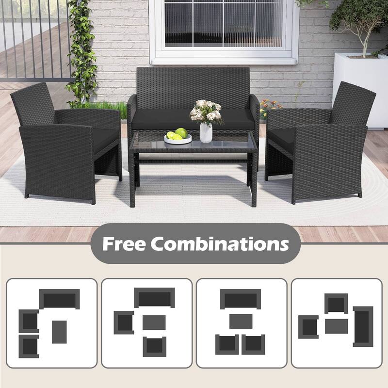 Gymax Set of 8 Patio Conversation Set w/Seat Cushions & Tempered Glass