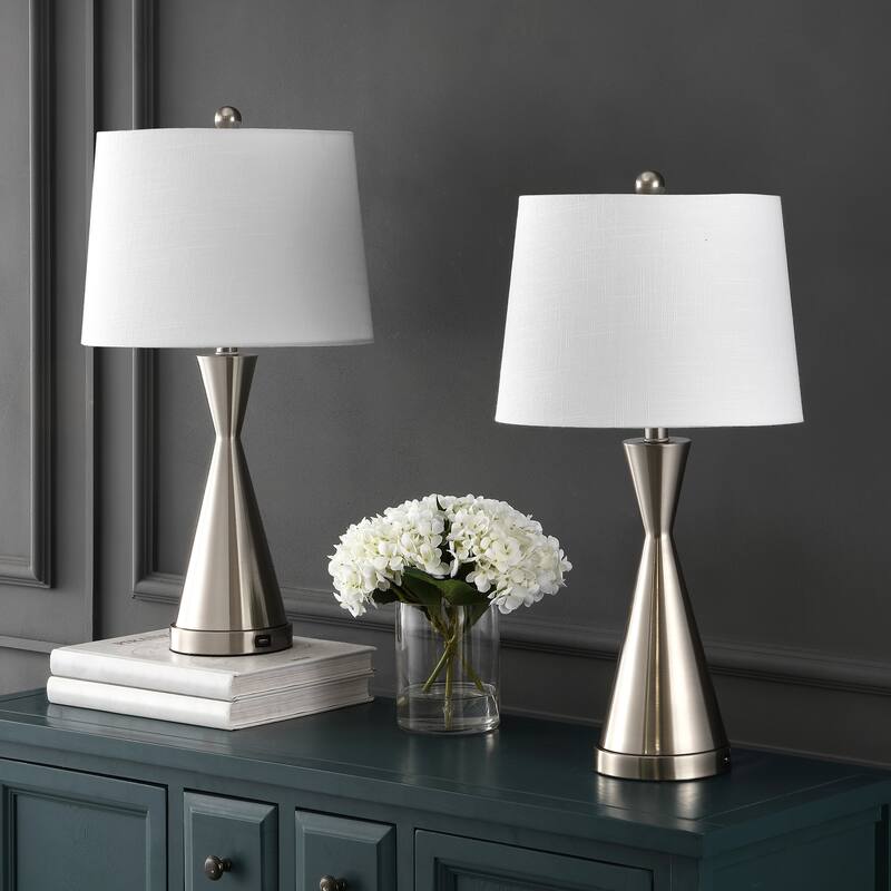 Roman 26" Classic French Country Iron LED Table Lamp with USB Charging Port, Nickel (Set of 2) by JONATHAN Y