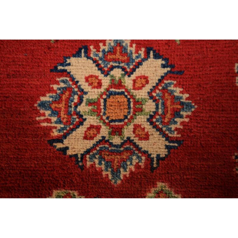 Geometric Red Kazak Foyer Rug Hand-Knotted Traditional Wool Carpet - 2'0" x 3'0"