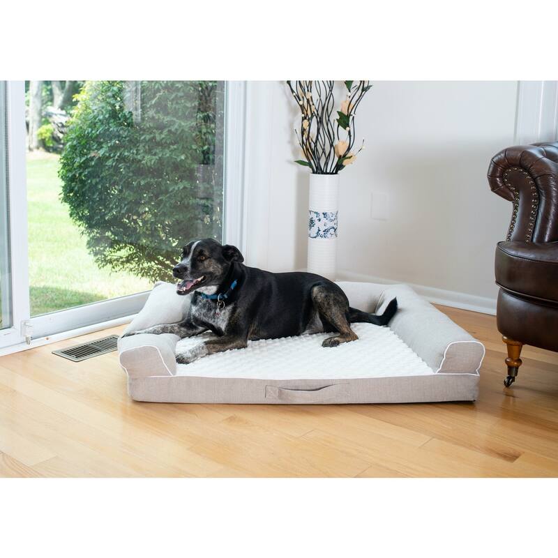 Medium Bolstered Pet Bed Cushion With Memory Foam, Ivory and Beige - 35" x 28" x 8"