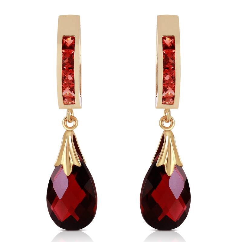 14K Solid Gold Hoop Natural Garnet Gemstone Earrings Jewelry - Yellow