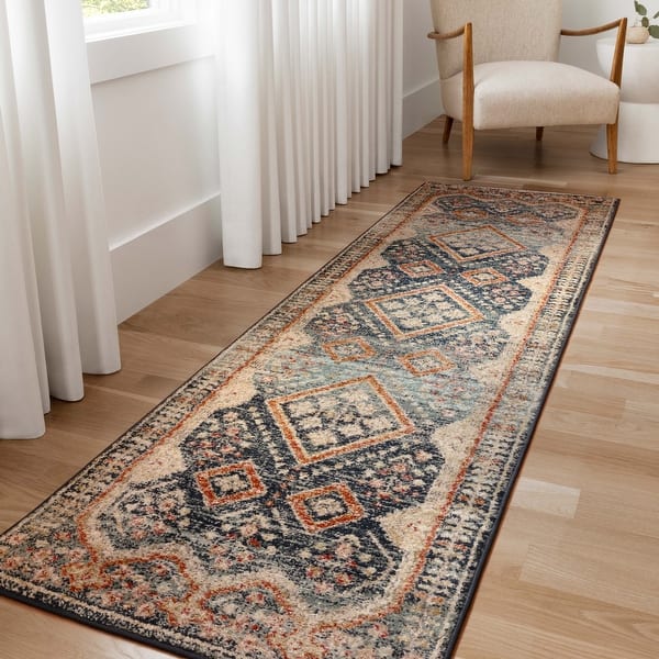 slide 2 of 7, Alexander Home Luxe Ornate Antiqued Distressed Area Rug 2'3" x 7'6" - Navy/Multi