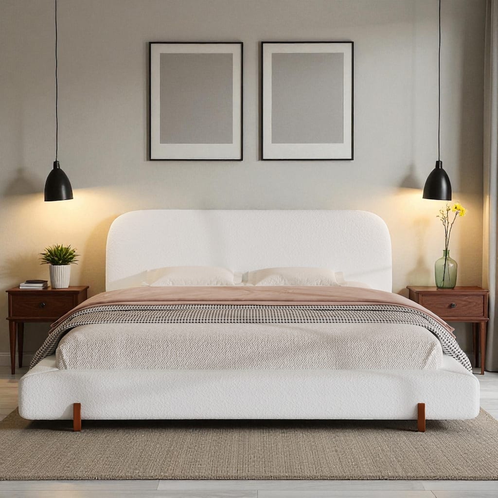 Modern Upholstered Bed Frame with 4-Inch Thick Panels, Fabric Design and Solid Rubberwood Legs, California King/King