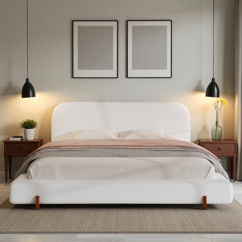 Modern Upholstered Bed Frame with 4-Inch Thick Panels, Fabric Design and Solid Rubberwood Legs, California King/King - White - King