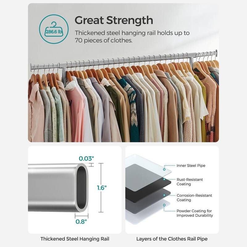 Rolling Clothes Rack with Sturdy Steel Tubes and Extra Load Capacity 2 Lockable Casters - 43.3" x 17.7" x 63"