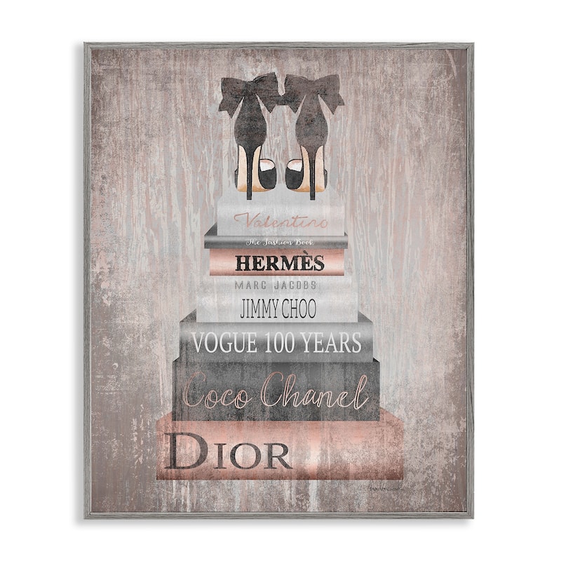 Stupell Book Stack Heels Metallic Pink Framed Wall Art - 24 x 30 - Grey