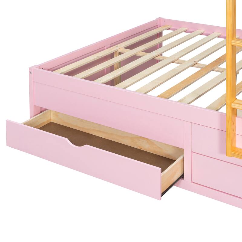 Full Size Bunk Bed with 2 Large Drawers & 5 Small Drawers, MDF & Solid Wood Construction