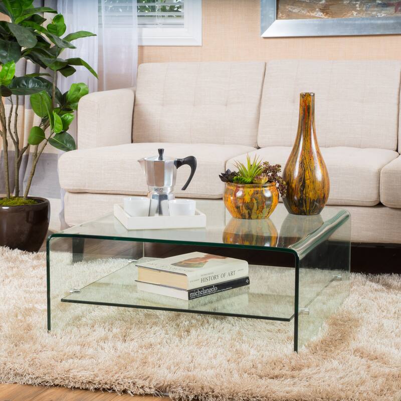 31.5" Modern All Glass Coffee Table with Storage Shelf for Living Room - Clear