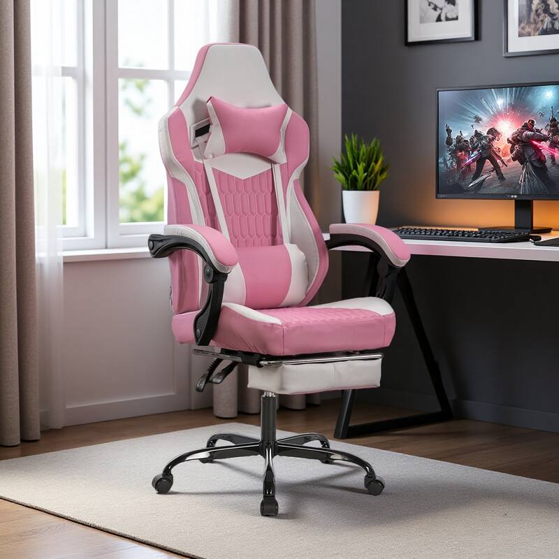 PVC Leather Gaming Chair with Footrest, Adjustable Headrest and Lumbar Support - Pink