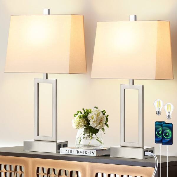 White Table Lamps 3-way Touch Dimming Switch Charging Ports (Set of 2 ...