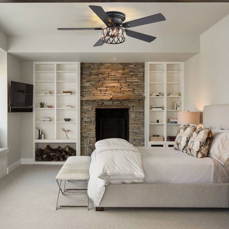 52" Flush Mount 5-Blade Modern Crystal Indoor Ceiling Fan with Light Kit and Remote
