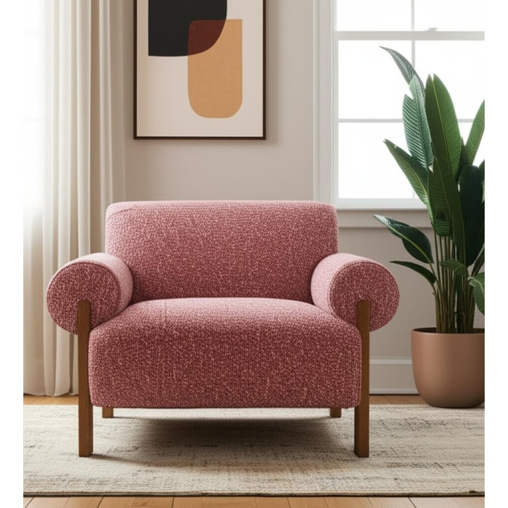 HomeRoots 39" Copper And Brown Woven Upholstery And Solid Wood Arm Chair - 39.00 in. x 28.90 in. x 34.00 in.