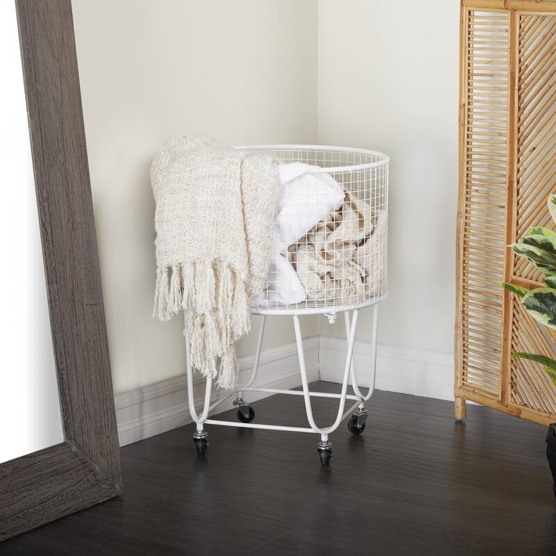 Metal Deep Set Metal Mesh Laundry Basket Storage Cart with Wheels - Gold or White - Roche River Decor