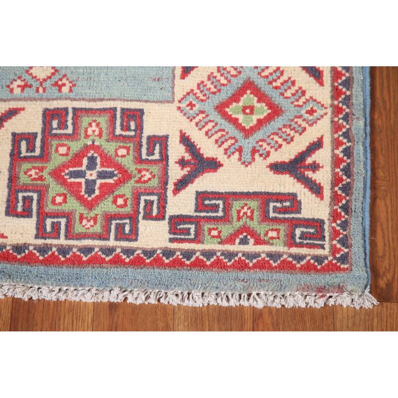 Geometric Blue Kazak Area Rug Handmade Wool Carpet - 4'11" x 5'11"