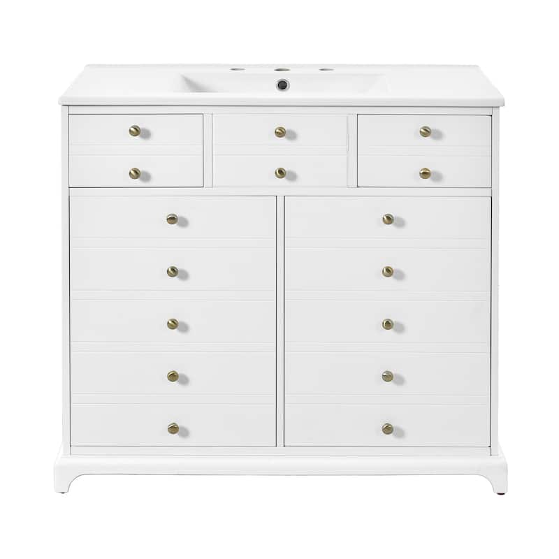 Roomfitters 36" Vanity with Ceramic Sink, Solid Wood Cabinet with 2 Drawers and Soft Closing Doors, Freestanding Design, White