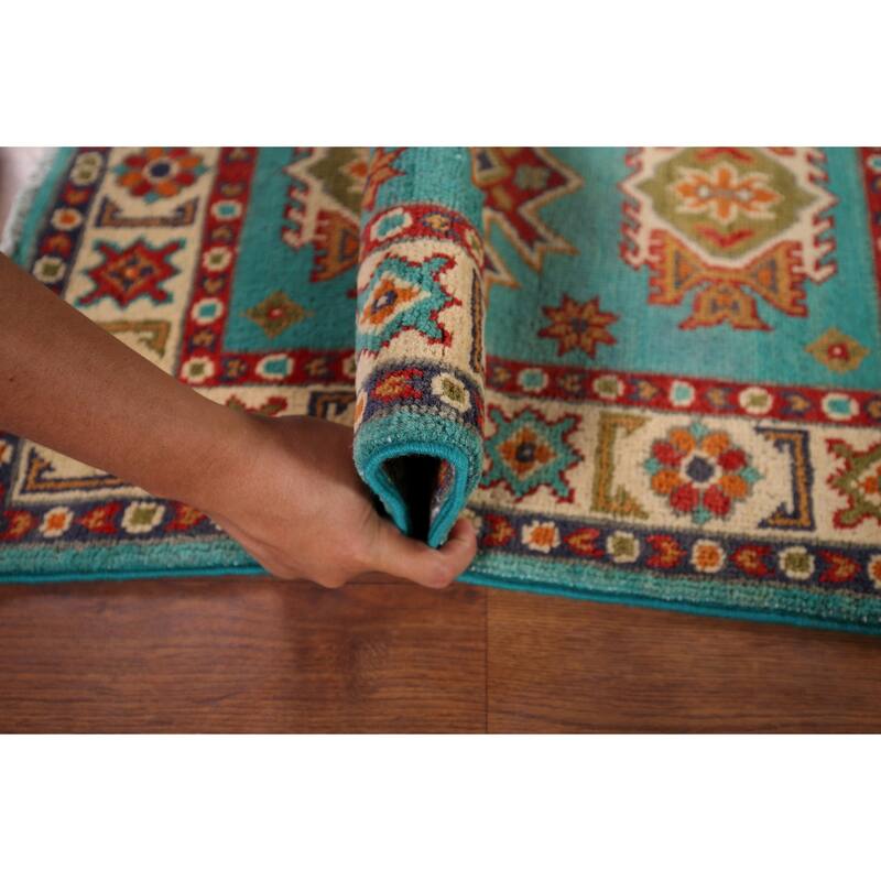 Turquoise Kazak Foyer Rug Hand-Knotted Wool Carpet - 2'0" x 3'0"