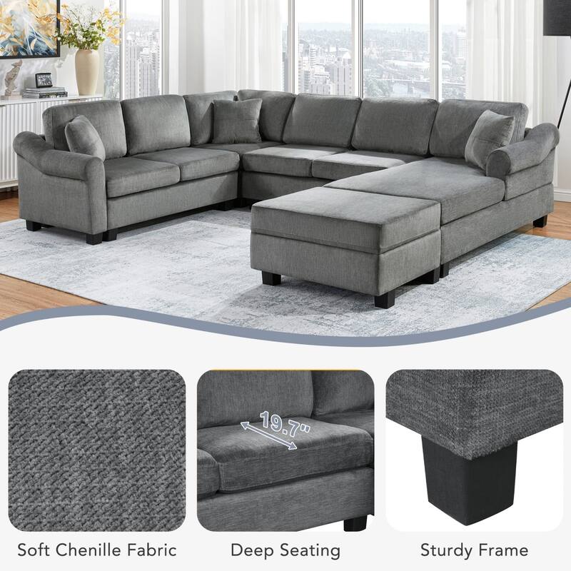111.8" U-Shaped Chenille Upholstered Sectional Sofa with Movable Storage Ottoman