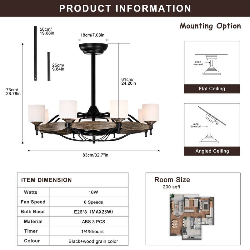 Cusp Barn 33 inch Chandelier Ceiling Fan with Remote Control, Farmhouse Wood Caged 6 Speeds Fandelier for Bedroom