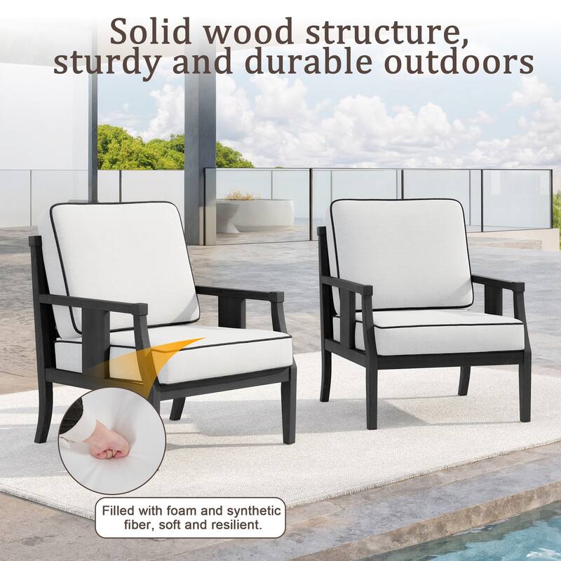 Set of 2 Outdoor Teak Wood Armchairs with Cushions, Patio Club Chairs