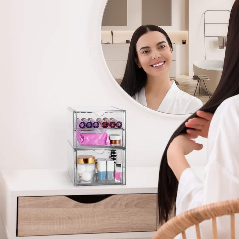 Sorbus Clear Storage and Organizer Bins with 3 Drawers, Multipurpose Stackable Storage Cases 2 Pcs - 11.8in x 6.9in x 4.1in