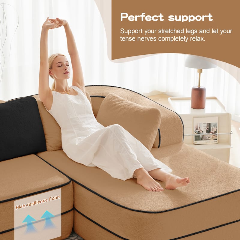 Roomfitters No Assembly Modular Sofa, 106 Inch Teddy Fabric Floor Couch with Chaise, Camel