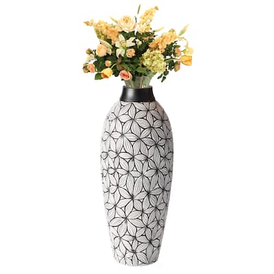 Flower-Inspired Ceramic Vase - Unique White 17-Inch-Tall Round Table Decor for Entryway, Dining Room, Living Room, Classic White