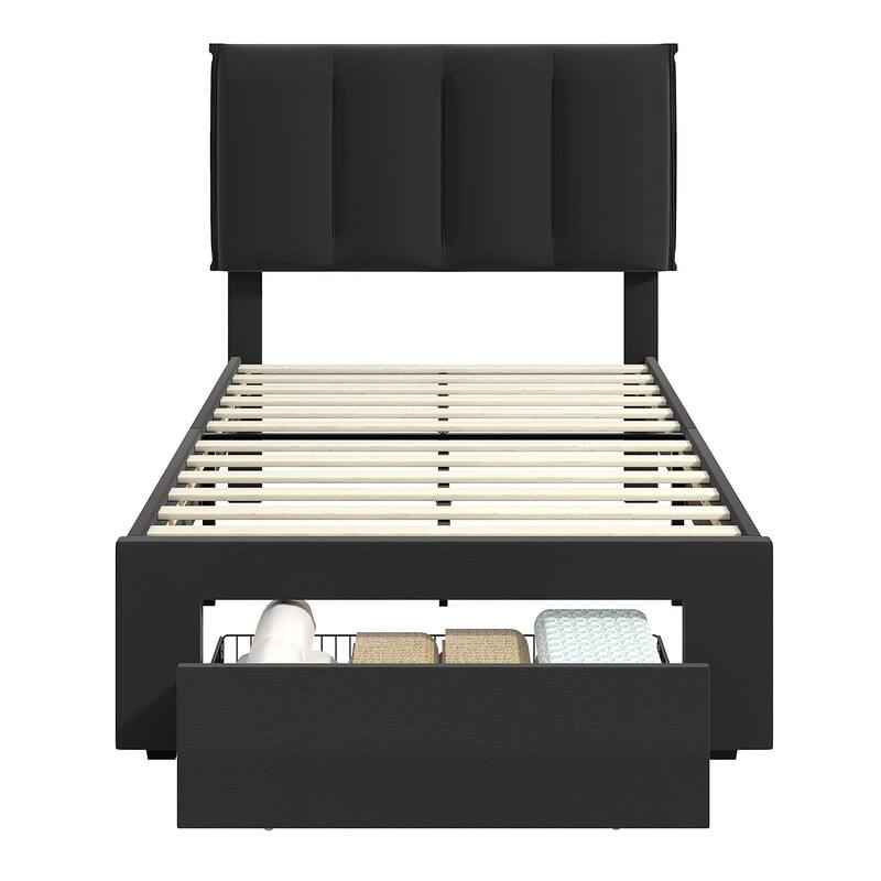 VECELO Set of 2 Kids Bed Frame with Storage Drawer Height Adjustable Upholstered Bed Twin Size Bed