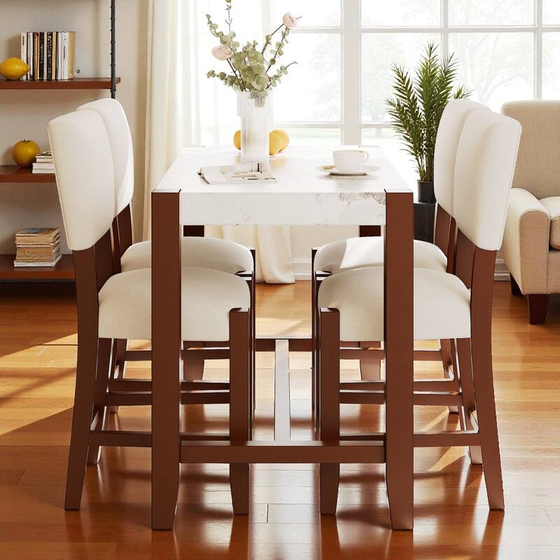 5-Piece Counter Height Dining Set, Faux Marble Table with 4 Upholstered Chairs, Modern Bar Table for Dining Room