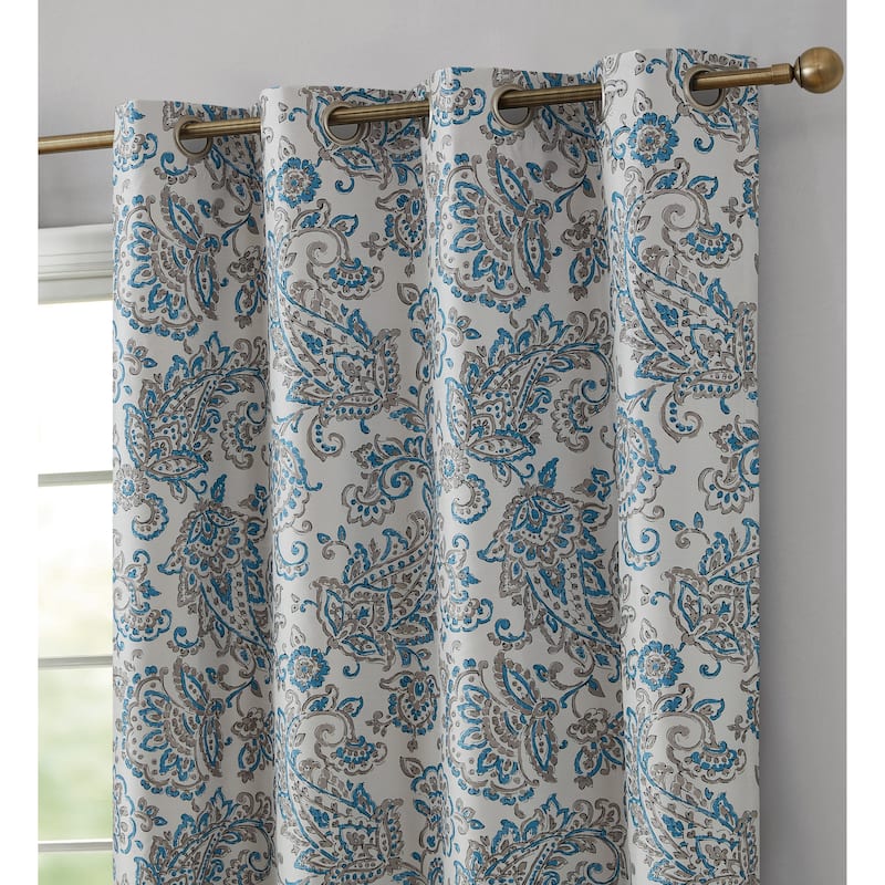 HLC.me Amalfi Paisley Faux Silk 100% Blackout Room Darkening Thermal Energy Efficient Curtain Grommet Panels, 2 Panels - 52" W x 96" L per panel - Set of 2 - Navy Blue