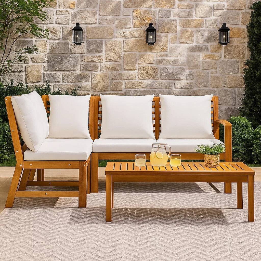 Roma 4pc Modular Outdoor Sofa and Table Set, Solid Acacia Wood, White