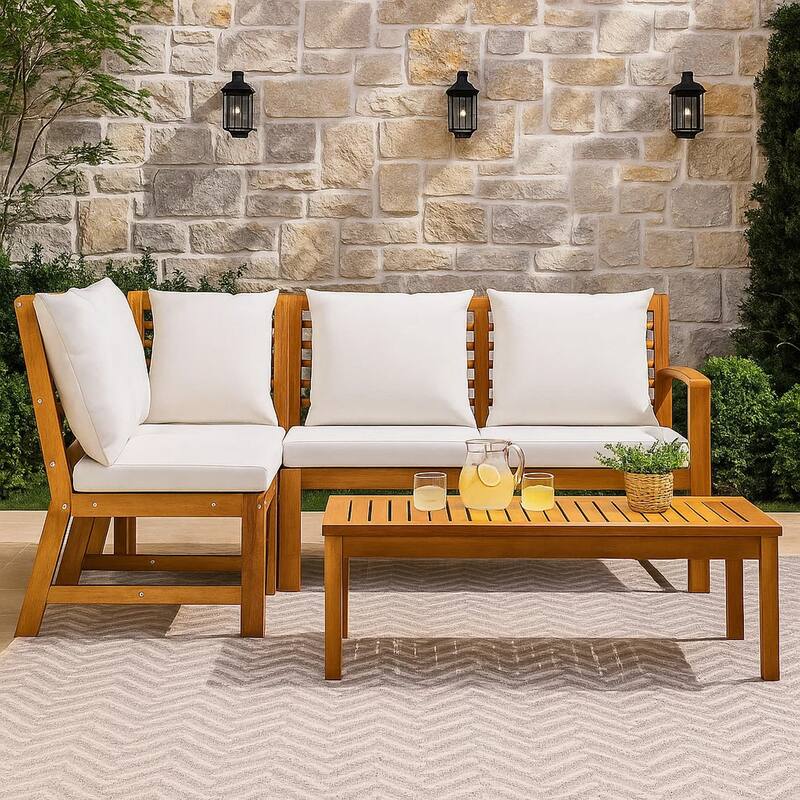 Roma 4pc Modular Outdoor Sofa and Table Set, Solid Acacia Wood, White