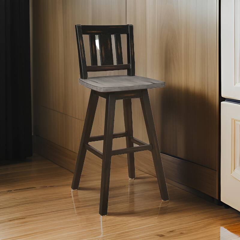 Ati 29 Inch Bar Height Stool Swivel Chairs Set of 2, Vertical Slat Back, Gray, Black