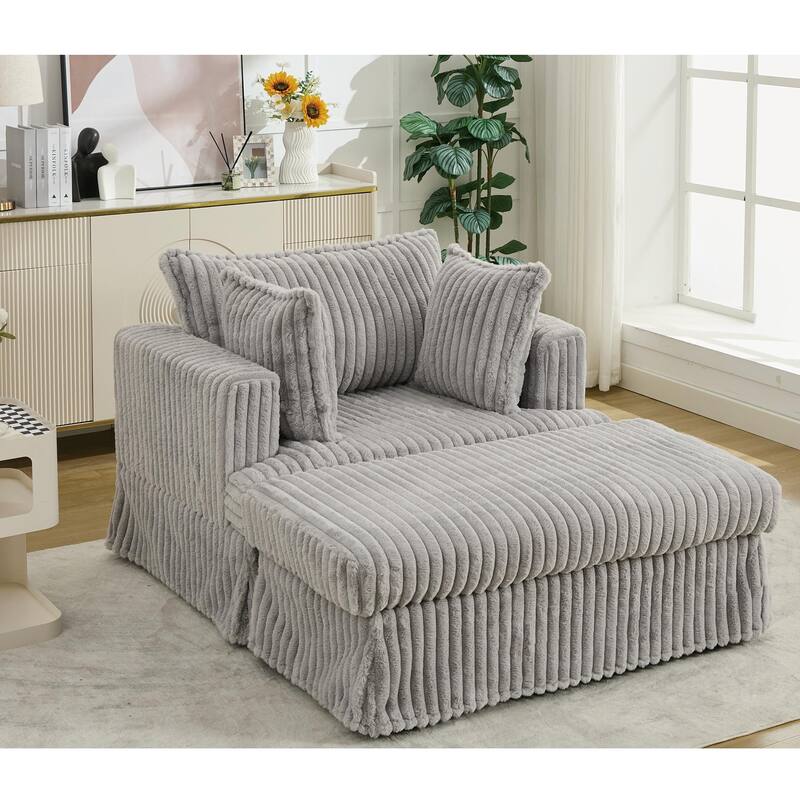 Oversized Corduroy Reclining Chair Deep Seat Armchair Single Thickened Upholstered Sofa with Pillow and Ottoman
