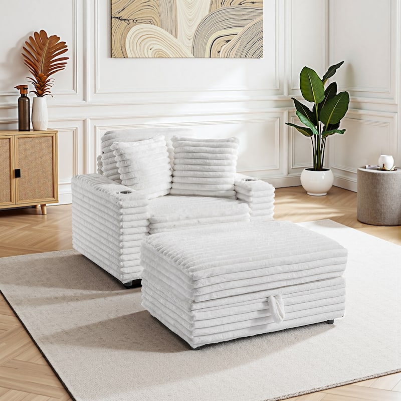 Modern Oversize Plush Corduroy Accent Chair Chaise Lounge with Storage Ottoman