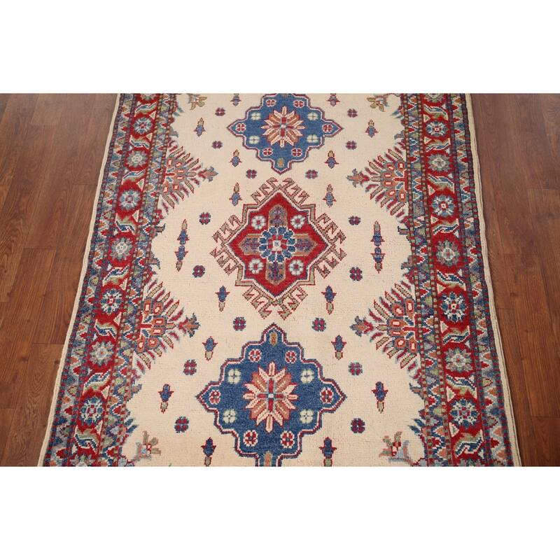 Ivory Geometric Kazak Accent Rug Handmade Wool Carpet - 3'4" x 4'10"